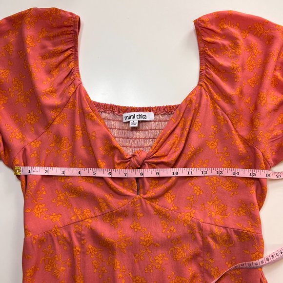 MIMI CHICA Womens L Scoop Neck Floral Smocked Sleeves Dress Pockets - Picture 8 of 9